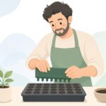 セルトレイに穴をあけて種をまく様子をイメージしたイラスト