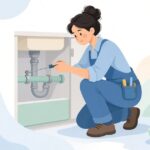 狭い配管スペースでフレキシブルシャフトドライバーを使う配管工の様子をイメージしたイラスト