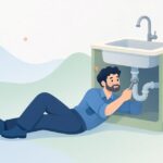 流し台の下で薄型レンチを使って配管を締める様子をイメージしたイラスト
