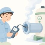 燃焼排ガスを携帯型の分析計で測る様子をイメージしたイラスト