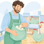 鶏舎で卵を収集バッグに集める様子をイメージしたイラスト