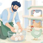 鶏舎で卵をかごに集める様子をイメージしたイラスト
