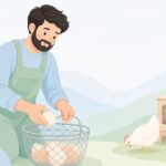 養鶏場でエッグバスケットに卵を集める様子をイメージしたイラスト