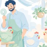 夏の鶏舎でハンディファンを使って作業する様子をイメージしたイラスト