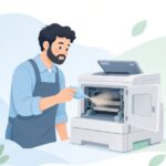 精密ブロワーで印刷機のホコリを吹き飛ばす保守作業をイメージしたイラスト