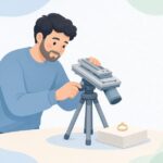 フォーカシングレールで小物を接写する物撮りカメラマンの様子をイメージしたイラスト
