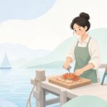 ヘチ釣りのカニ餌をハサミで切る様子をイメージしたイラスト