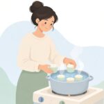 オーブンを使わずに湯せんでプリンを作る様子をイメージしたイラスト