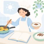 本を見ながらプエルトリコ料理を作る様子をイメージしたイラスト