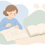 本を見ながらプントアンティコ刺繍をする様子をイメージしたイラスト