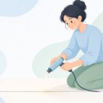 塩ビ床シートの継ぎ目を溶接機で溶接する様子をイメージしたイラスト