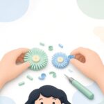 フリンジ状の紙でクイリングの花を作る様子をイメージしたイラスト