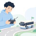 ラジコンのバスを走らせて遊ぶ様子をイメージしたイラスト
