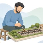 鉄道模型のレールを塗料で着色する様子をイメージしたイラスト