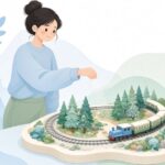 鉄道模型のジオラマに雪表現パウダーを撒く様子をイメージしたイラスト