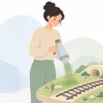 鉄道模型に静電気植毛で草を植える様子をイメージしたイラスト