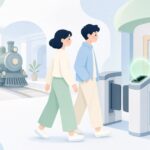 鉄道博物館で顔認証改札を歩いて通る様子をイメージしたイラスト