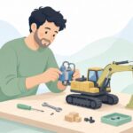 ラジコン建機の油圧ポンプを取り付ける様子をイメージしたイラスト