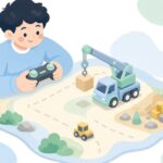 ラジコンのクレーン車で遊ぶ様子をイメージしたイラスト