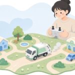 ラジコンのごみ収集車を走らせて遊ぶ様子をイメージしたイラスト