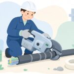充電式カッターで太いケーブルを切断する作業をイメージしたイラスト