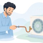 フレアゲージで冷媒管のフレア加工を確認する空調配管工の様子をイメージしたイラスト