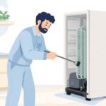 冷蔵庫の背面をブラシで清掃する様子をイメージしたイラスト
