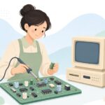 レトロPCのコンデンサーを交換する様子をイメージしたイラスト