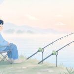 川岸でロッドを並べてコイのぶっこみ釣りをする様子をイメージしたイラスト