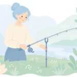 川岸でバンクスティックにロッドを置く様子をイメージしたイラスト