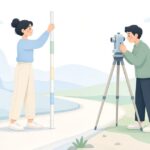 アルミスタッフで路盤の高さを測量する様子をイメージしたイラスト
