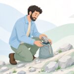 岩石サンプルを採集袋に入れる様子をイメージしたイラスト