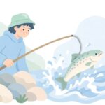 磯でギャフを使って大きな魚を取り込む様子をイメージしたイラスト