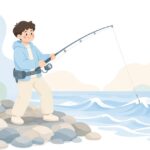 磯からギンバルベルトを使ってジギングする様子をイメージしたイラスト