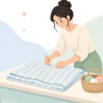 ローマンシェードに昇降リングを取り付ける様子をイメージしたイラスト