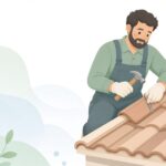 瓦タガネで屋根瓦の形を整える瓦職人の様子をイメージしたイラスト