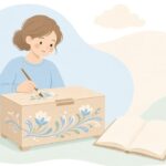 本を見ながらローズマリングを描く様子をイメージしたイラスト