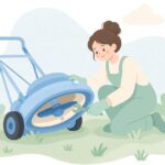 芝刈機の替刃を交換する様子をイメージしたイラスト