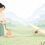 ゴム動力模型飛行機をワインダーで巻く様子をイメージしたイラスト