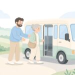 地域の住民がバスに乗る様子をイメージしたイラスト