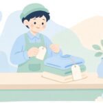 下げ札に糸を通して商品に付ける様子をイメージしたイラスト