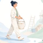 左官バケツを持って現場を移動する様子をイメージしたイラスト