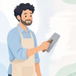 金ゴテで壁の仕上げ塗りをする左官作業をイメージしたイラスト