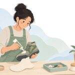 沢登り用シューズにフェルトソールを接着する様子をイメージしたイラスト