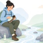 沢登りシューズのフェルトソールを張り替える様子をイメージしたイラスト