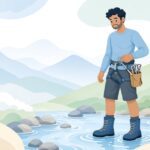 沢登りでハーケンをホルダーから取り出す様子をイメージしたイラスト