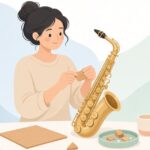 サックスのネックにコルクシートを巻く様子をイメージしたイラスト