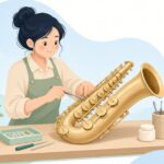 パッドスリックでサックスのタンポを調整する修理技術者の様子をイメージしたイラスト