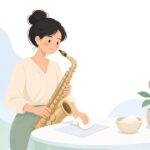 サックスのタンポを専用ペーパーで手入れする様子をイメージしたイラスト
