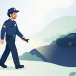 懐中電灯で夜間巡回する警備員の様子をイメージしたイラスト